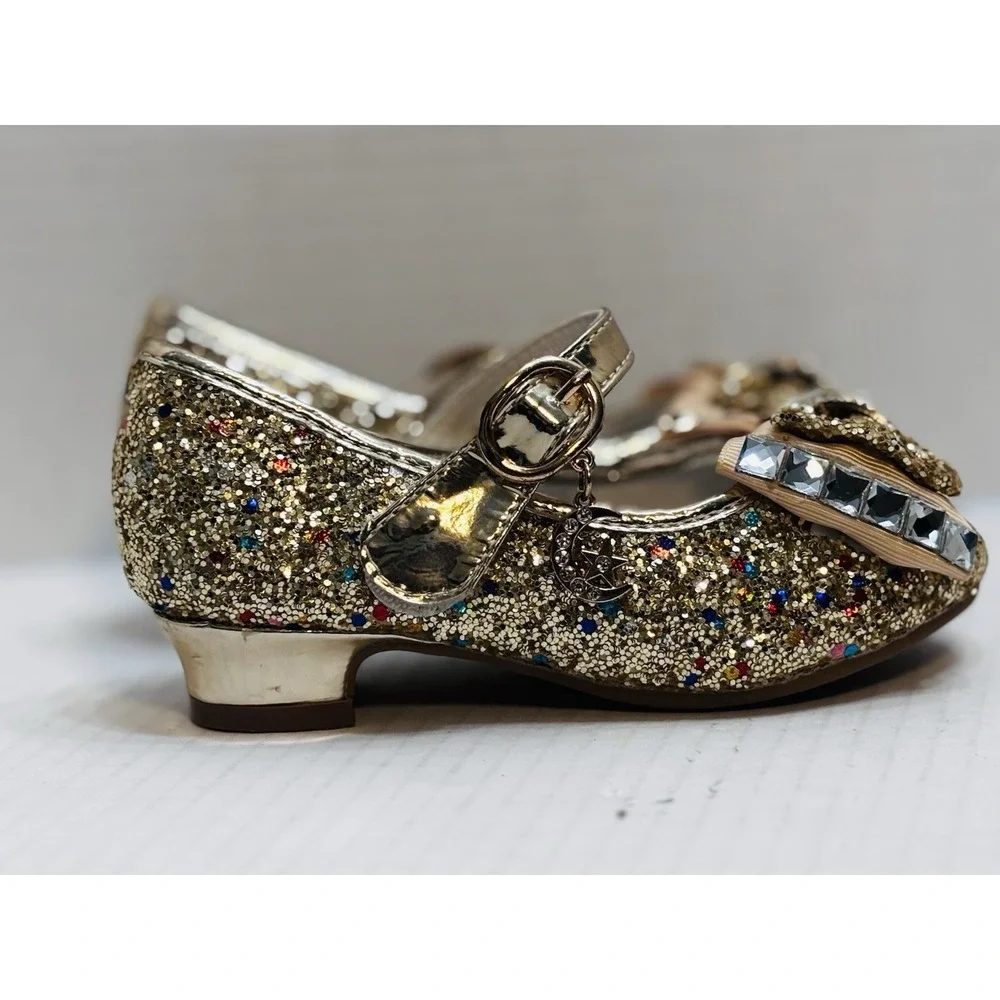 Wal-Fou Girls Gold Glitter Mary Jane Dress Shoes Rhinestone Bow Size 7 Kids